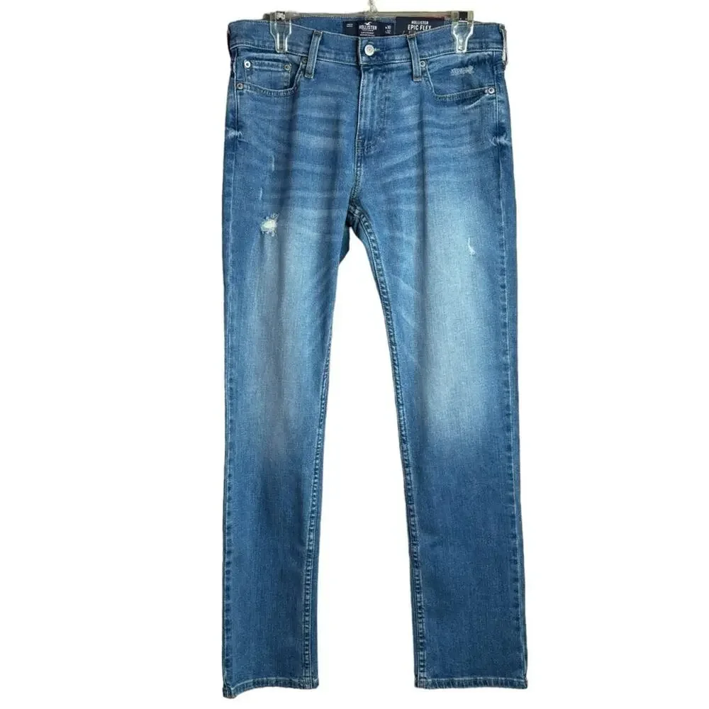 Hollister Epic Flex Slim Straight Medium Wash Light Distressed Jeans 30”X32” NEW